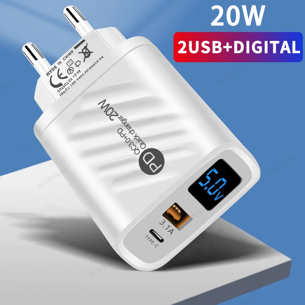 20W Dual Port Charger Digital Display USB Quick Wall Charger For iPhone 15 Pro Samsung Xiaomi Fast Charging Type C Phone Charger