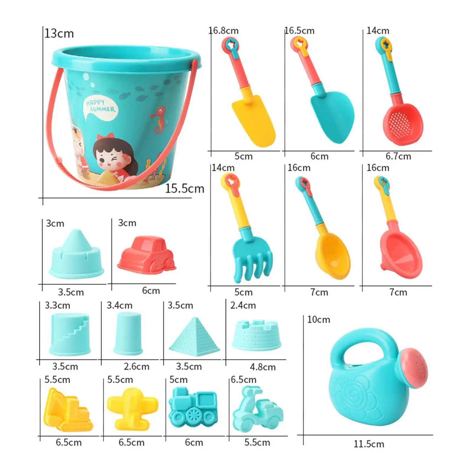 18x Beach Toys Set Fun Bath Tub Sand Game Includes Vehicles, Castles,Shovel, 6