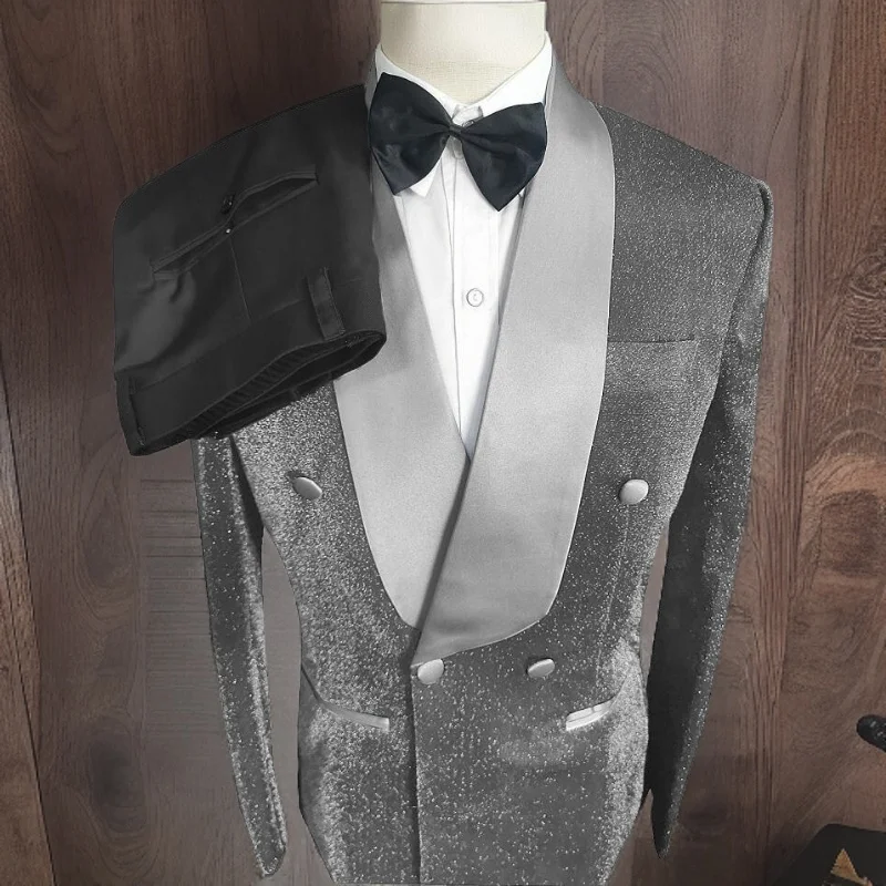 

Shiny Velvet Men's Suits for Prom Wedding Groom Tuxedo Double Breasted Formal Business Blazer 2 Piece (Jacket + Pants)
