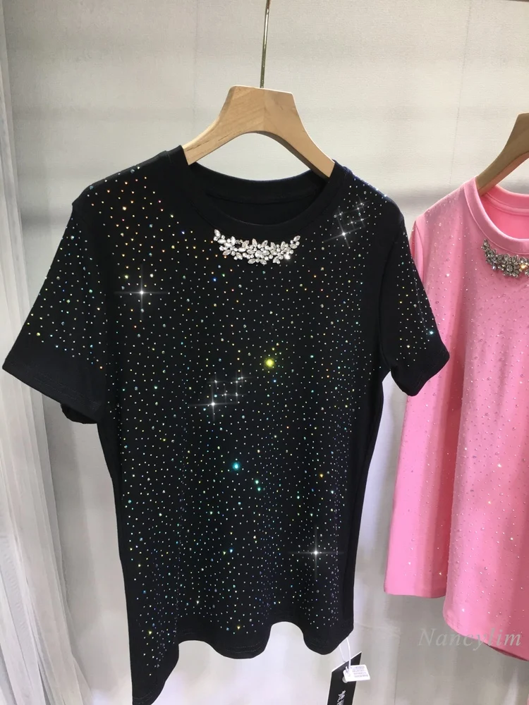 

European Style Heavy Embroidery Hot Drilling T-Shirt for Women Cotton Round Neck Top Spring and Summer Short Sleeve Undershirt