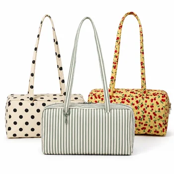 Borsa a tracolla da donna in nylon ecologico a pois, borsa da pendolare leggera e alla moda, borsa a mano in morbido tessuto di tela con chiusura a zip