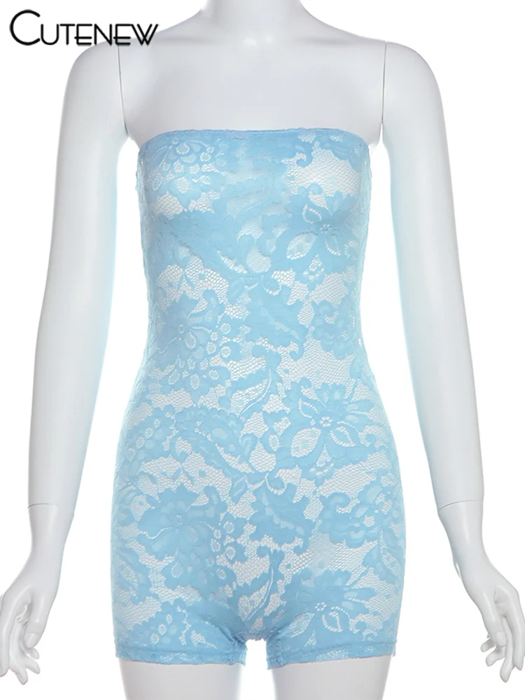 Mono sexy de encaje para mujer, liso, sin mangas, con escote en V, transparente, ajustado, ropa atractiva para mujer