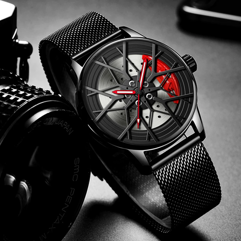 Mens Sports Car Wheel Watches Men Stainless Steel Mesh Belt Creative Wheel Hub Waterproof Quartz Male Watch relogio masculino holland dutch bike 28 inch wheel 57 cm frame male