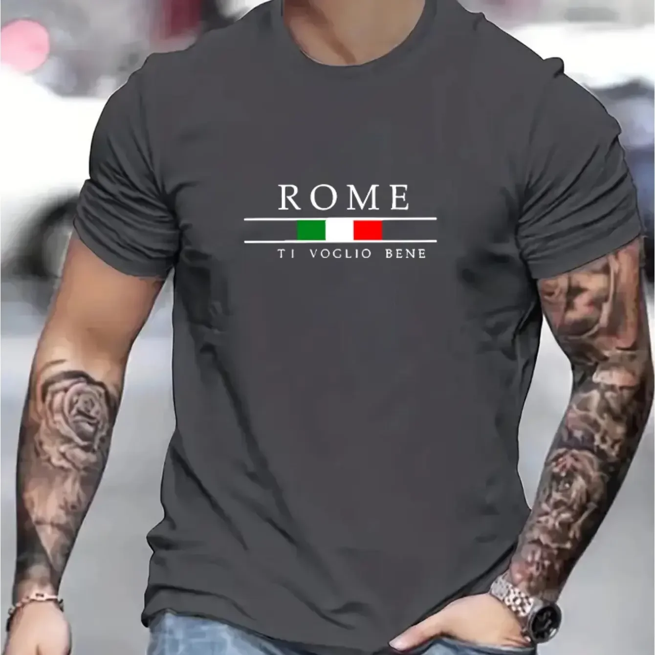 thumbnail image 1 of Camiseta de verano 100 % algodón para hombre, holgada, con estampado de alfabeto romano grande, informal, cómoda, con cuello redondo y manga corta, 1 of 5
