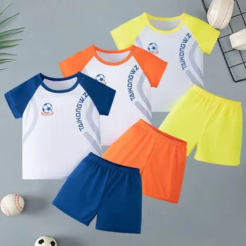 2-piece summer children's mesh sports breathable short sleeved shorts set for boys and girls, soccer running tops, loose pants