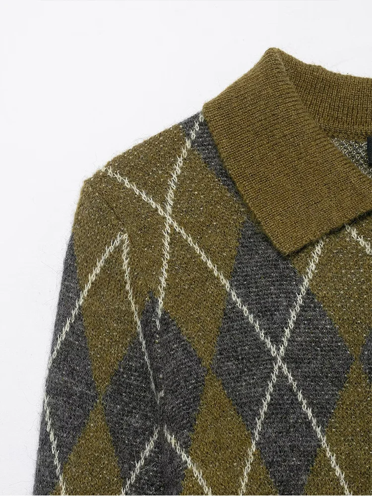 Women's Vintage Argyle Plaid Knitted Tops Causal Polo Collar Pullover Sweater Autumn New Ladies Classic Fashion Knitwear