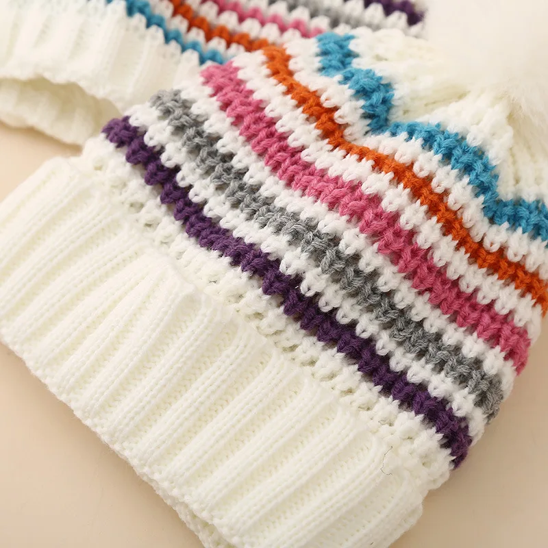 New Autumn Winter Children Hat Scarf Set Kids Wool knitted Hat Collar For Boys Girls Velvet Colored Striped Woolen Cap