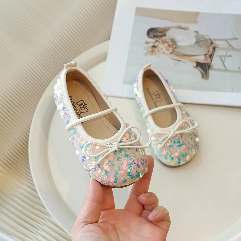 Girls' Shoes 2025 Spring New Fashion Little Girl Sequin Princess Shoes Soft Sole Girls' Shallow Mouth Single Shoes Breathable - 2