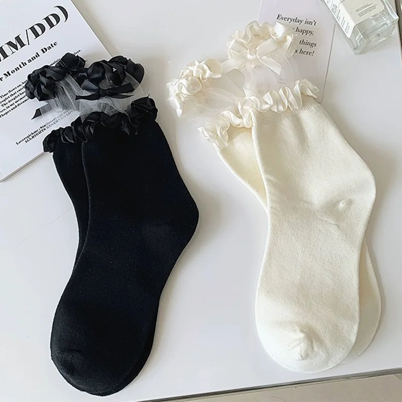 

Lolita Lace Ruffle Socks Girls Sweet Harajuku Bowknot Middle Tube Socks JK Kawaii Women Cotton Breathable Ankle Sock Black White