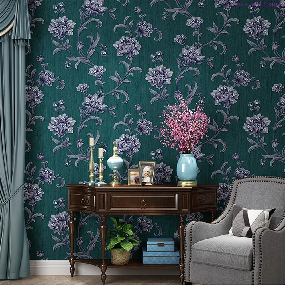 3D Three-Dimensional Pastoral Flower American Wallpaper Home Bedroom Tv Background European Wallpaper Peacock Blue Living Room