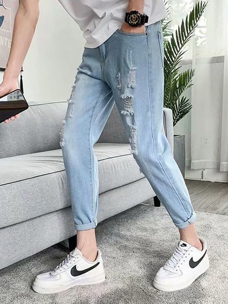 

Pants Male Student Korean Version Trend Ripped Jeans Men Slim Small Feet Show Thin Nine Points Pants Men Pants Spring and Autumn