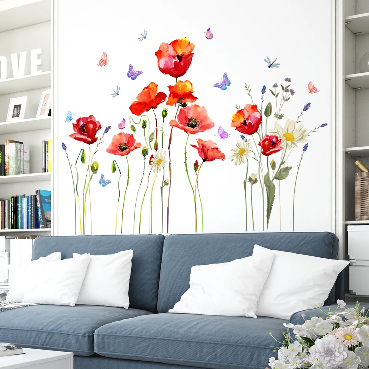 Autocollants muraux fleurs rouges en PVC, 110x70cm, décoration de chambre à  coucher, papillon, pour la maison - AliExpress