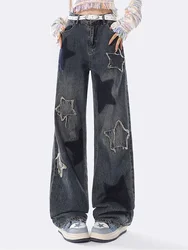 Women's Star Patch Design Jeans American Vintage Embroidery Casual Denim Trousers Female High Waisted Loose Straight Pants