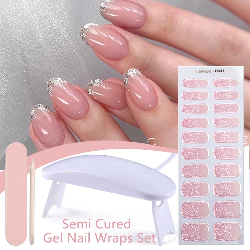 Harunouta Gradient Jelly Semi Cured Gel Nail Strips Nail Lamp Nude Pink Waterproof Stickers Long Lasting Wrap 4pcs/set nail stickers nail decals