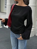 T-Shirt manches évasées pour femmes, couleur unie, col bateau, élégant, cravate au dos, coupe cintrée, hauts à manches longues, printemps/automne 5