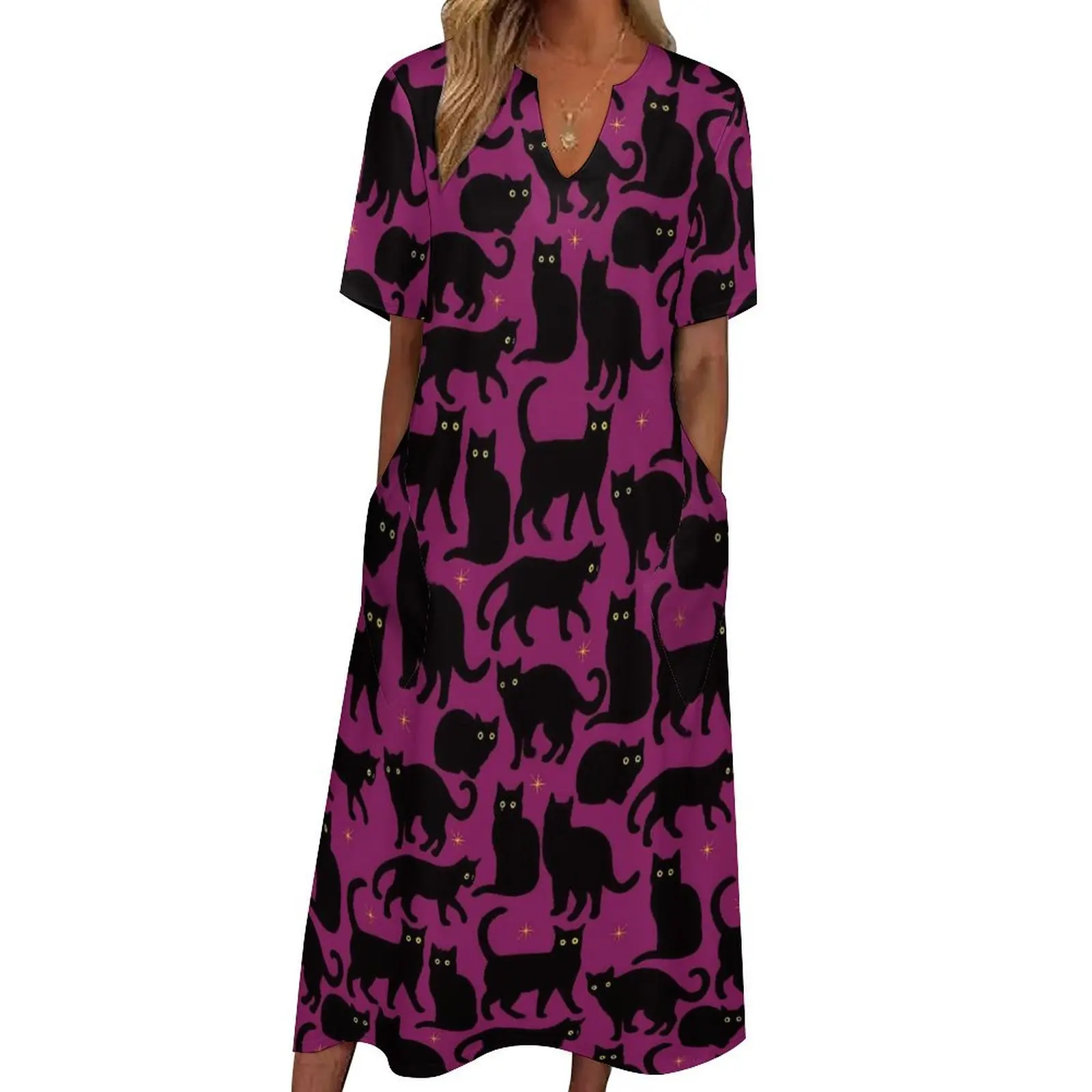 

Magic Cats Print Dress Black Animal Vintage Maxi Dress Short Sleeve Graphic Casual Long Dresses Aesthetic Oversized Clothes