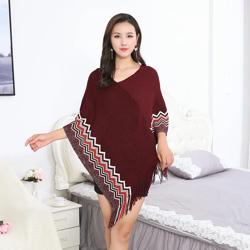 

2022 Spring Autumn New Fashion Large Tassel Irregular Shawl Coat Pullover Cloak Women Wear Lady Poncho Capes Red