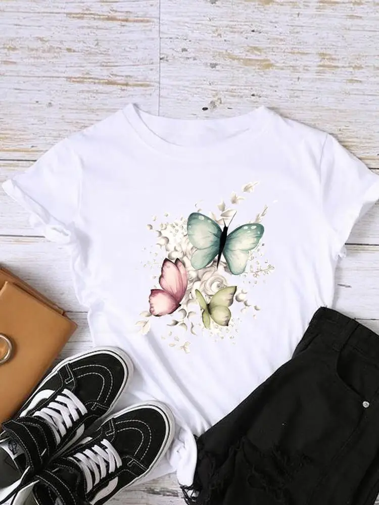 

Lady Female Shirt Tee Clothes Short Sleeve Graphic T-shirt Watercolor Love Butterfly Women Top Print Fashion O-neck Clothing