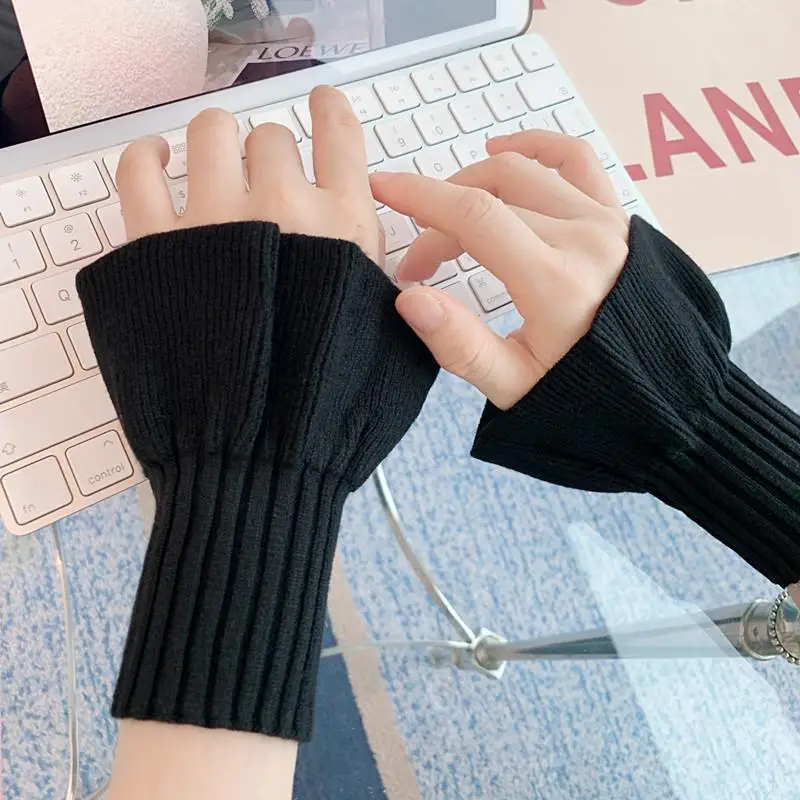 2024 Korean New Half-finger Gloves Female Autumn and Winter Wool Warmth Fingerless Students Touch Screen Thick Knitted Wristband