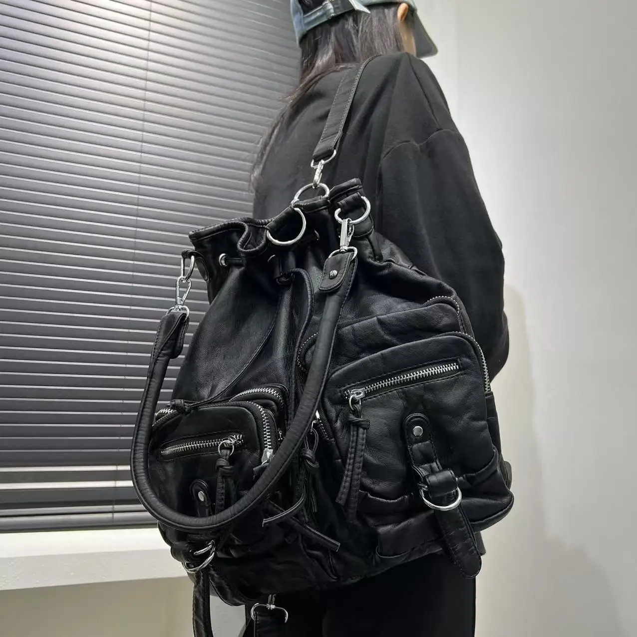 여성 패션 Y2K 거리 매운 소녀 배낭 대용량 노화 다기능 순수 가죽 복고풍 어깨 가방 - AliExpress