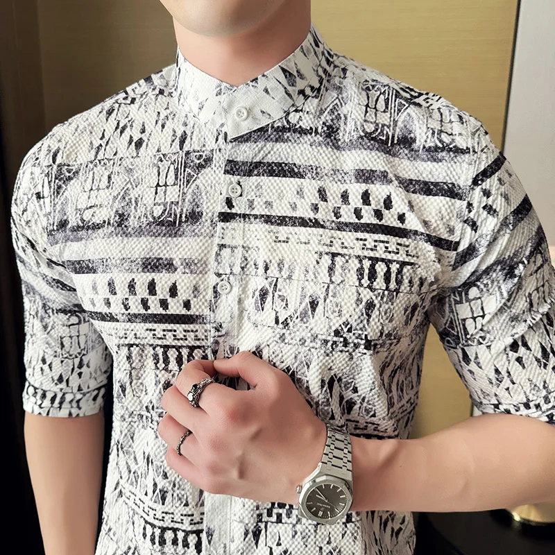 Summer Clothes Men's Shirt Stylish Chinese Stand Collar Half Sleeve Hawaiian Printed Shirts For Men Slim Fit Casual Blouse Homme