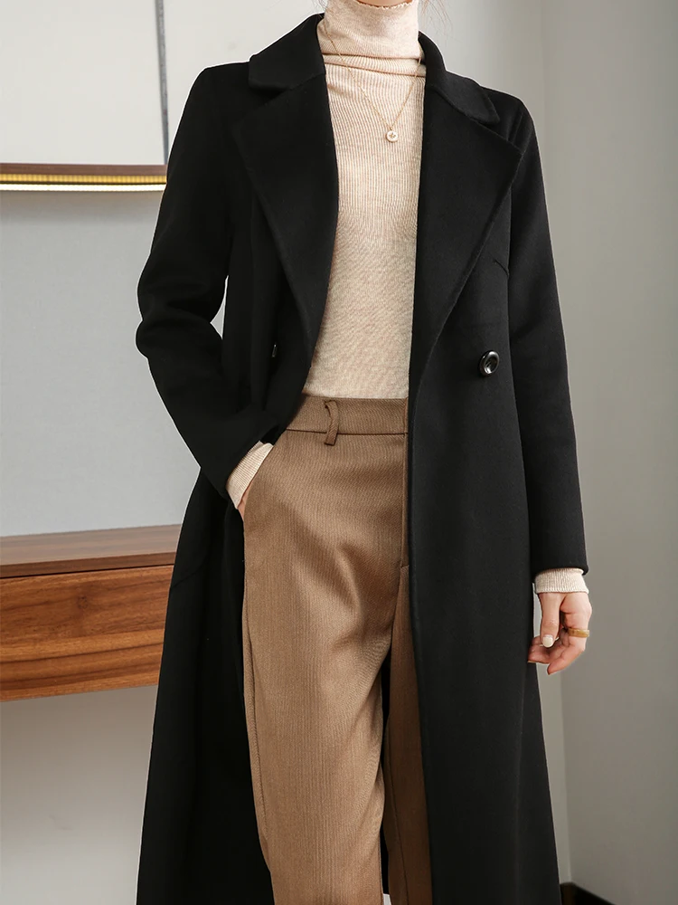 New Autumn and Winter Women's Coat Double-Sided Woolen 100% Pure Wool Unlined Long Gown Belt Lace-up Fashion Trendy Women's Coat
