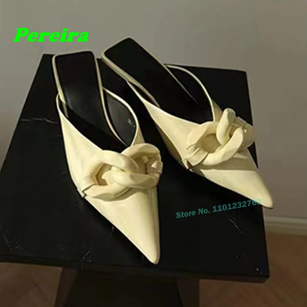 

Twist Pointy Toe Kitten Heels Slippers Cream Yellow Chain Glossy Women's Slippers Newest 2024 Summer Patent Leather Sandals