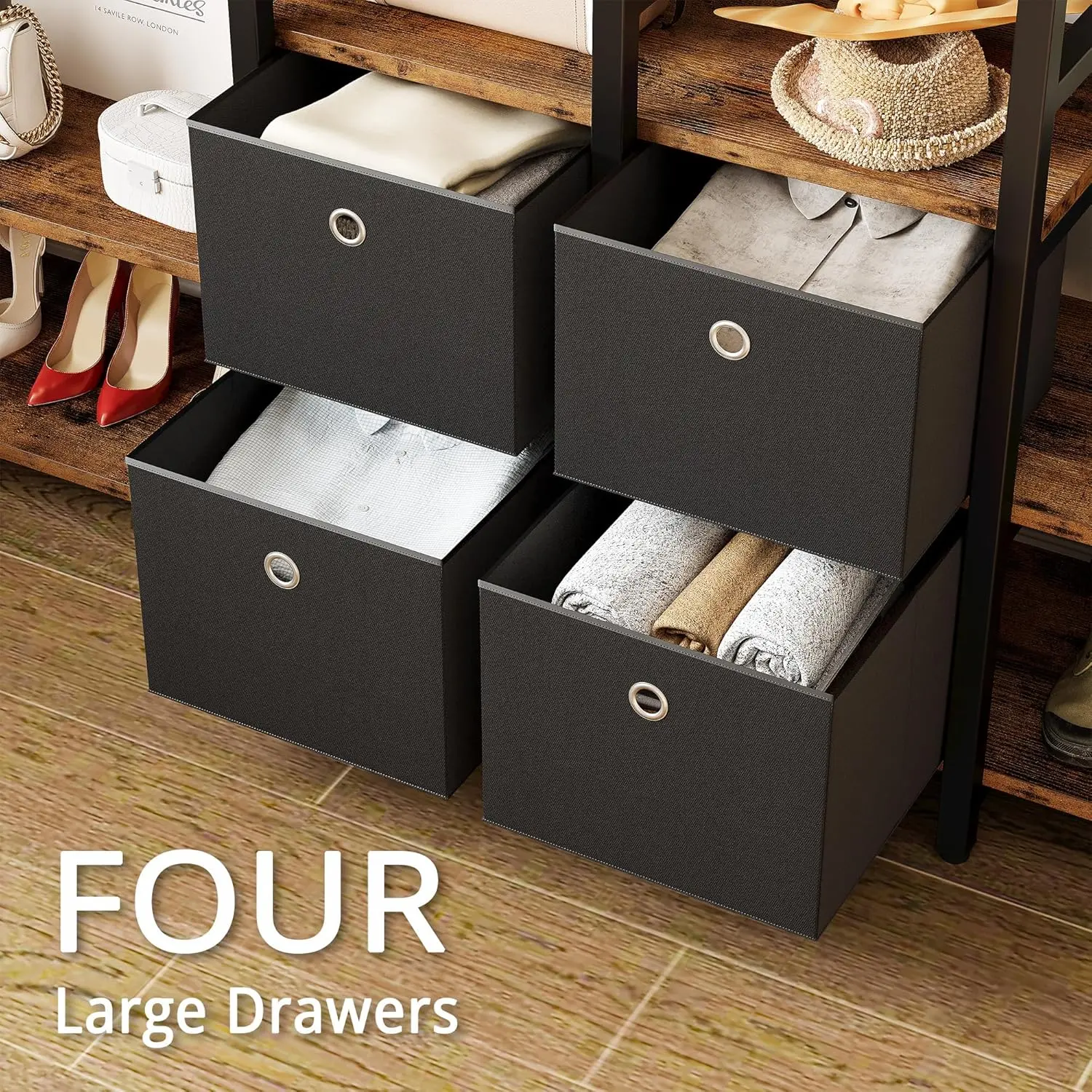 Garment Racks with Shelves 4 Drawers and 8 Hooks Heavy Duty Closet Organizer for Hanging Clothes,Freestanding Closet Wardrobe