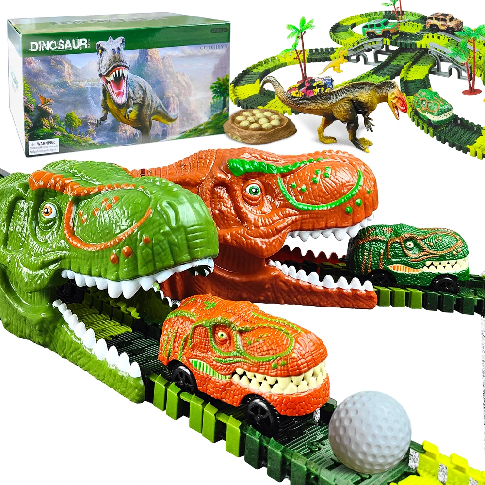 Dinosaur Toys, Dino Race Car Track with Flexible Track, Gift for Toddler Kids Boys Girls 3 4 5 6 7 8