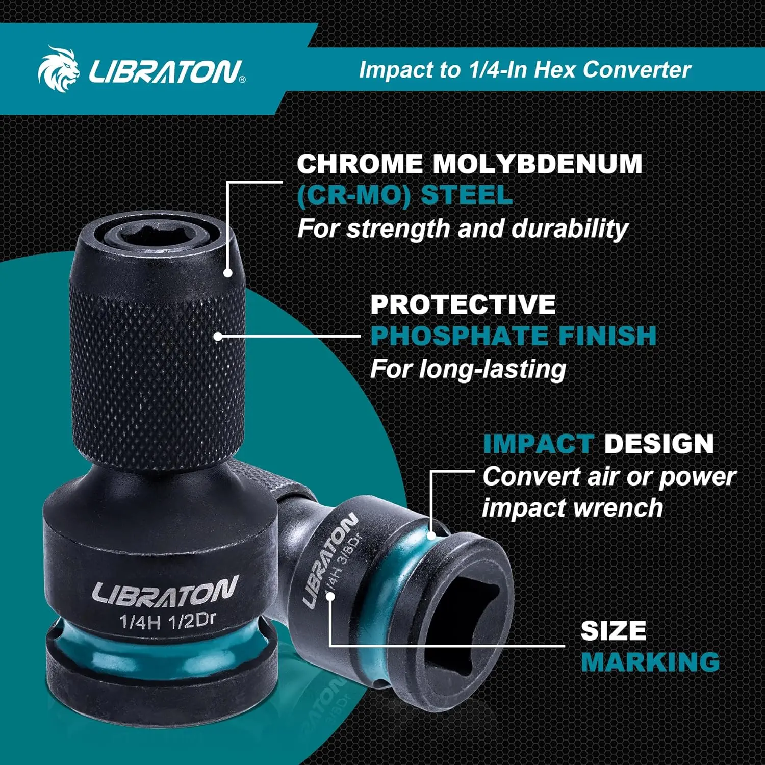 LIBRATON Impact to 1/4 Hex Converter 1/2 3/8 1/4“ Drive Female to 1/4" Hex Adapter Impact Wrench Adapters for Impact Bit Holders 4