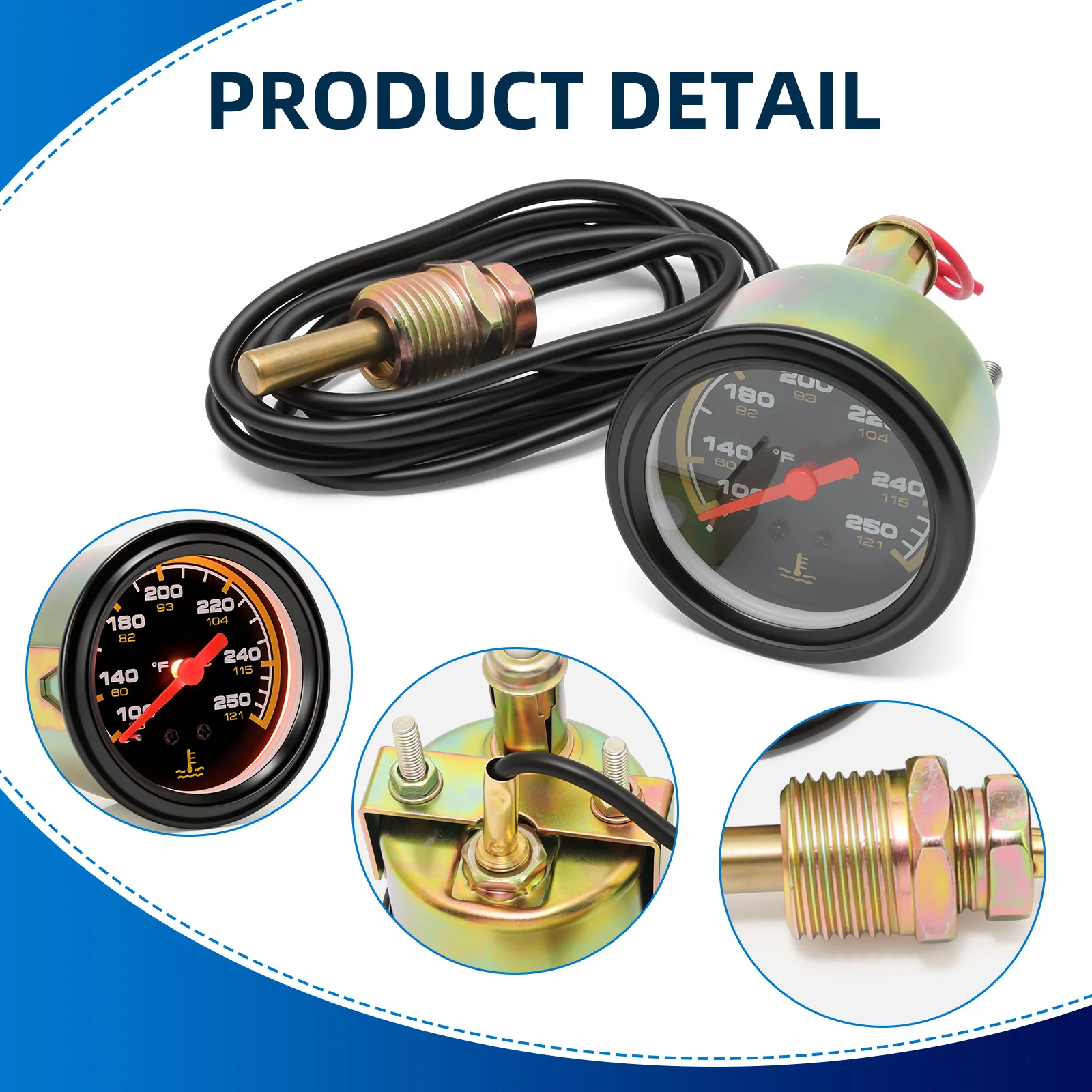 2인치 52mm 기계식 수온계 38-121 ℃   100-250 ℉   듀얼 섭씨 12V 자동차 게이지(NPT 1/2-14 센서 포함) - 자동차, 선박, 트럭용