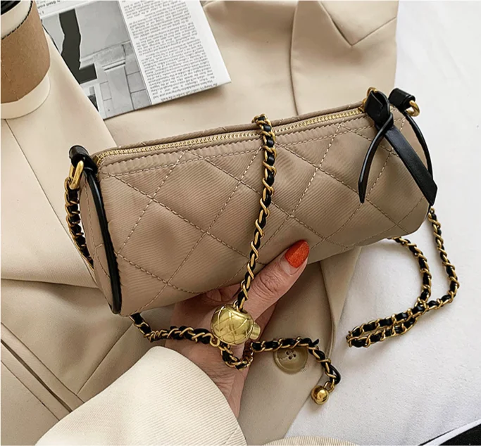 Borsa a tracolla piccola con tracolla singola a catena in tela con stampa zebra cilindrica con perline di trasporto modello 2024 nuovo_voghion.com