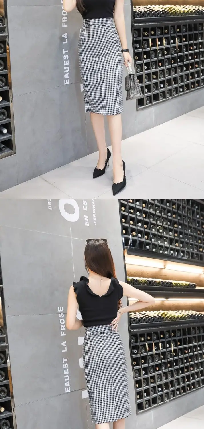 Midi Skirt Korean Fashion Women's Clothing Vintage Plaid Skirt One Pace Wrap Hip Long Skirts Chic Jupe Longue Femme 2022 Summer black pleated skirt