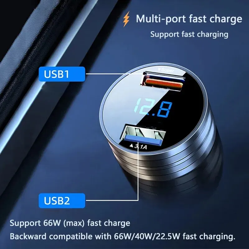 Car Charger Metal Dual Port USB 66W Fast Car Charger Suitable For Different Models Of Mobile Phones
