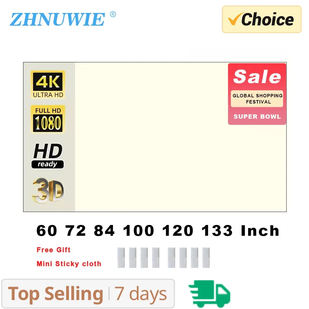 ZHNUWIE Projector Screen White Grid Anti-Light 16:9 Projection Screen For Home 72 84 100 120 133 Inch Portable Reflective Cloth projector screen projection screen
