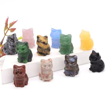 1.2″ Cute Cat Statue Natural Stone Crystal Hand Carved Healing Animal Figurine Reiki Gemstone Craft Home Decoration Holiday Gift