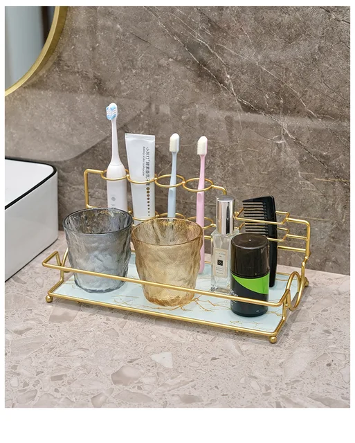 Stainless Steel Toothbrush Holder - Wall Mount Or Countertop Organizer With 2 Cups - Rustproof, Self Adhesive (Gold)