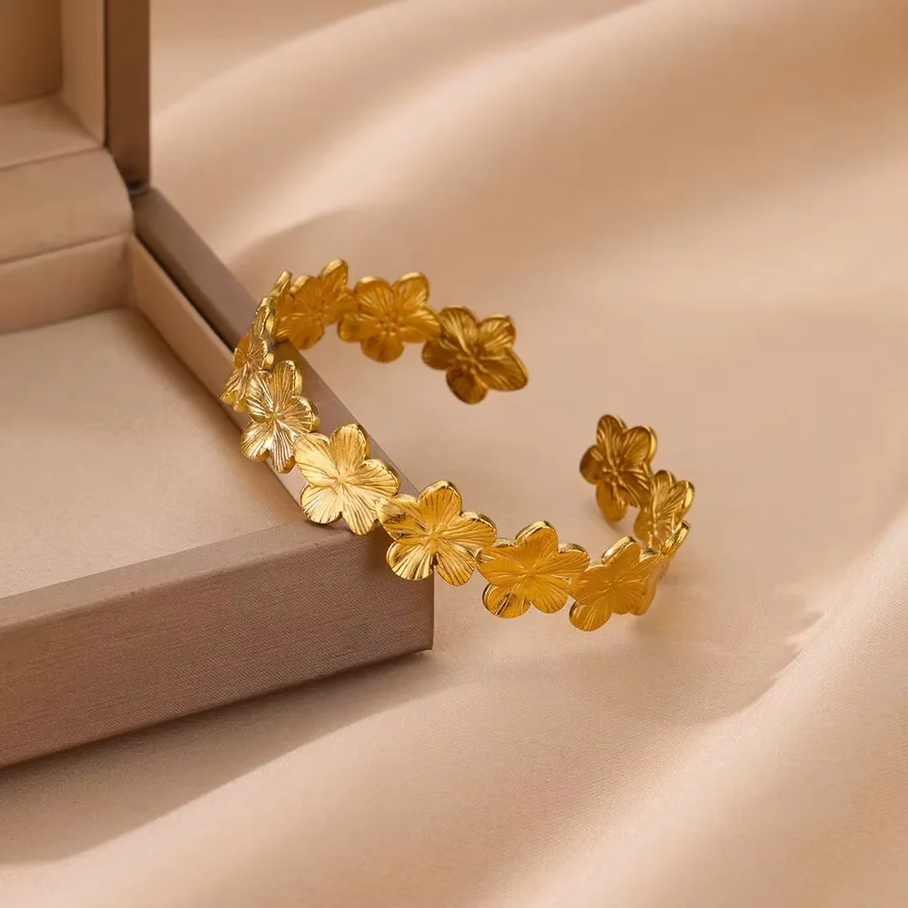 Gold Color Geometric Aesthetic Flower Leaf Bangle - Stainless Steel Bracelet