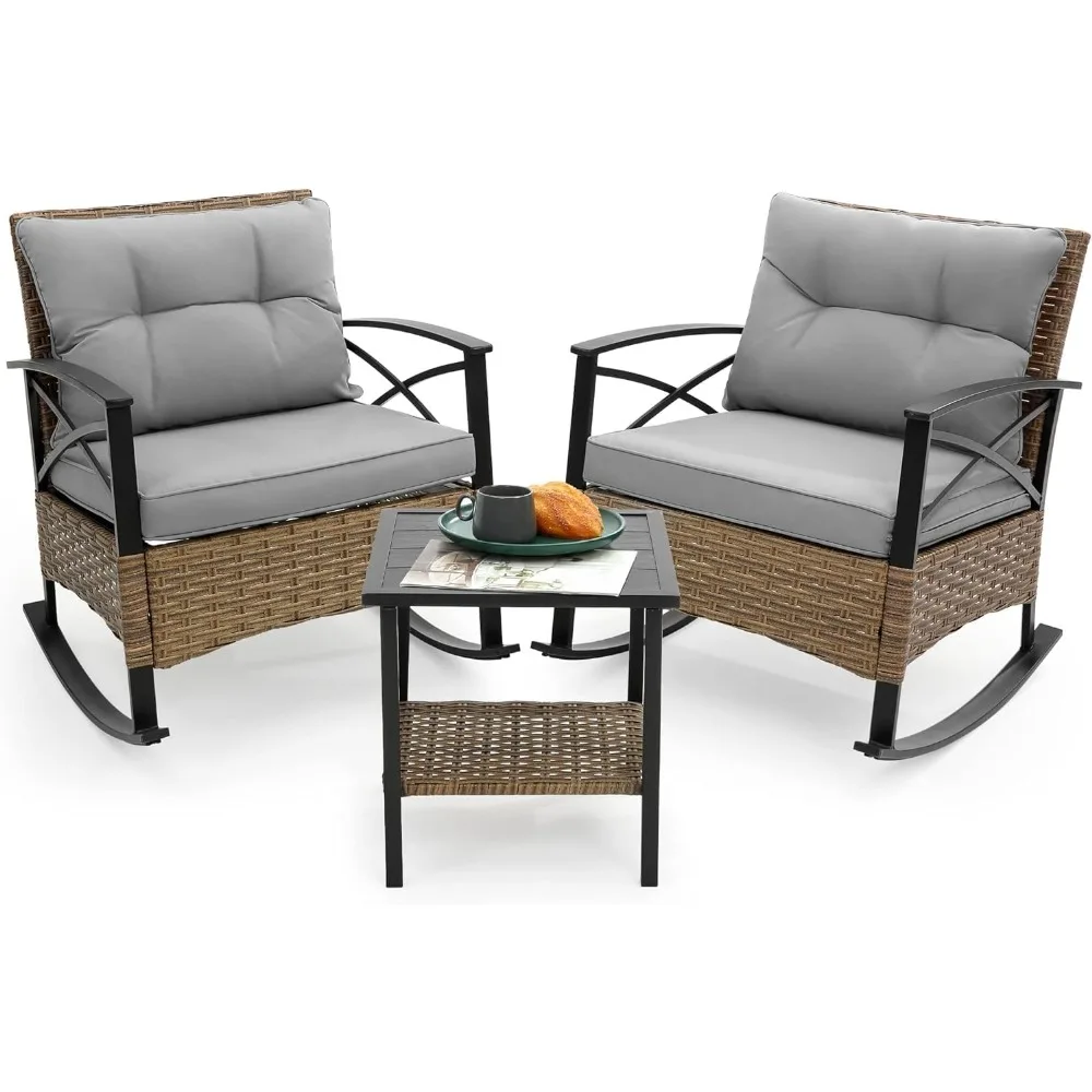 Outdoor Rocking Chairs Set - 3 Pieces Grey Patio Bistro Set Outside Furniture 2 Wicker Rocker Chairs with Grey Cushions and Tabl 2