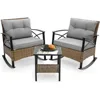 Outdoor Rocking Chairs Set - 3 Pieces Grey Patio Bistro Set Outside Furniture 2 Wicker Rocker Chairs with Grey Cushions and Tabl 2