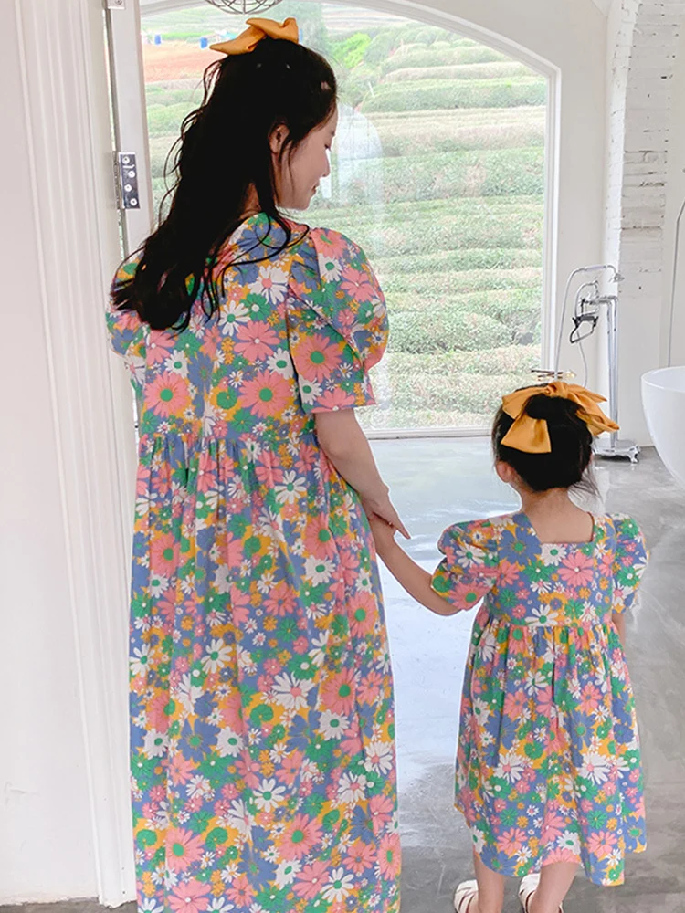 Family Matching Outfits Dress 2022 Summer Parent-child Mother Daughter Short Sleeve Cotton Dresses Foreign Korean Style Vestidos