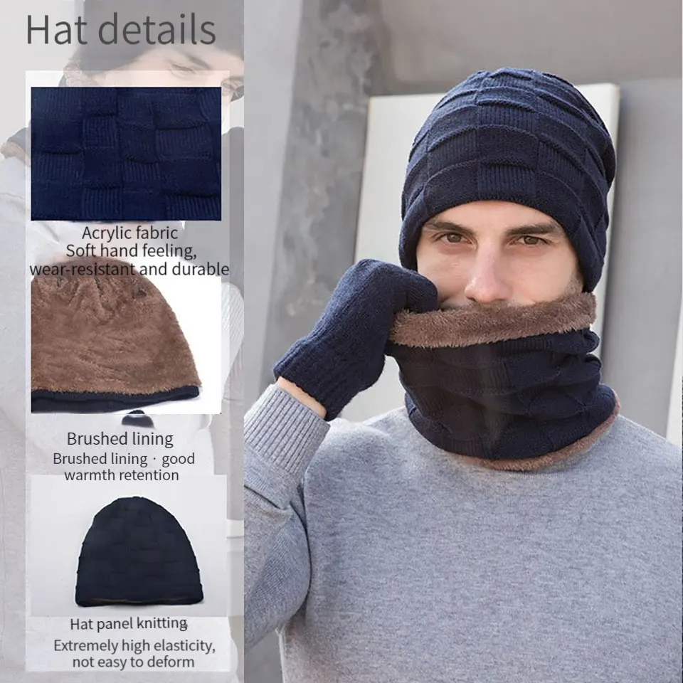 Winter Thick Beanie Hat With Gloves Knitted Wool Neck Scarf Warm Bonnet Hat Outdoors Cycling Skiing Cap Balaclava Mask Unisex