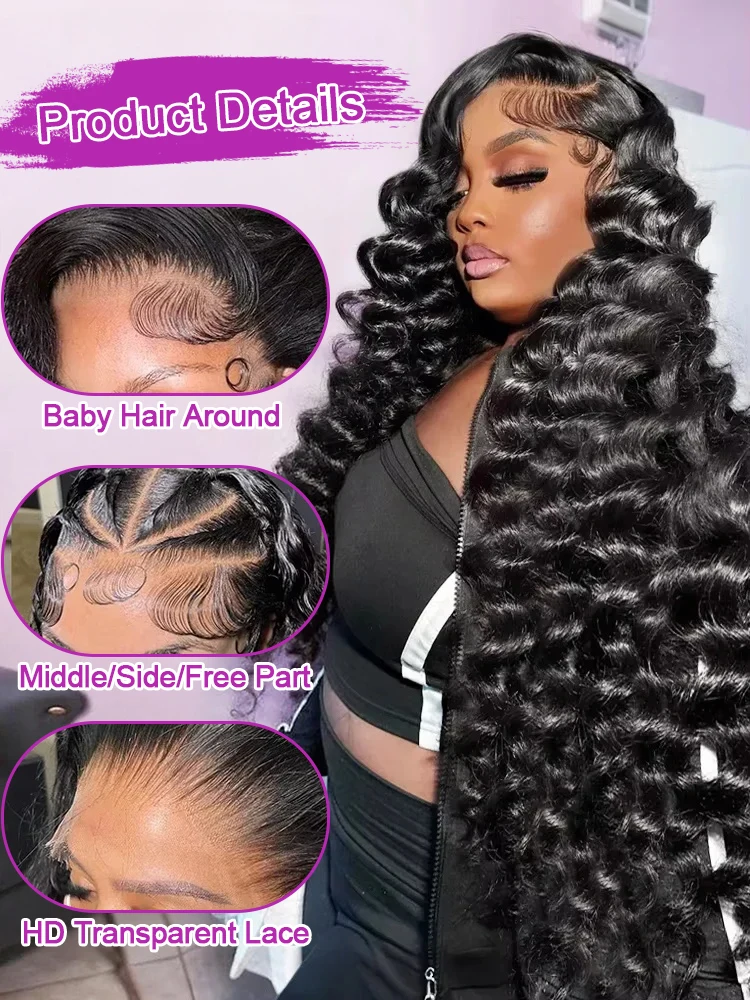 250 Density Loose Deep Wave Human Hair Wig 13x4 13x6 HD Curly Water Wave Lace Frontal Wigs Pre plucked For Women Brazilian Black 4
