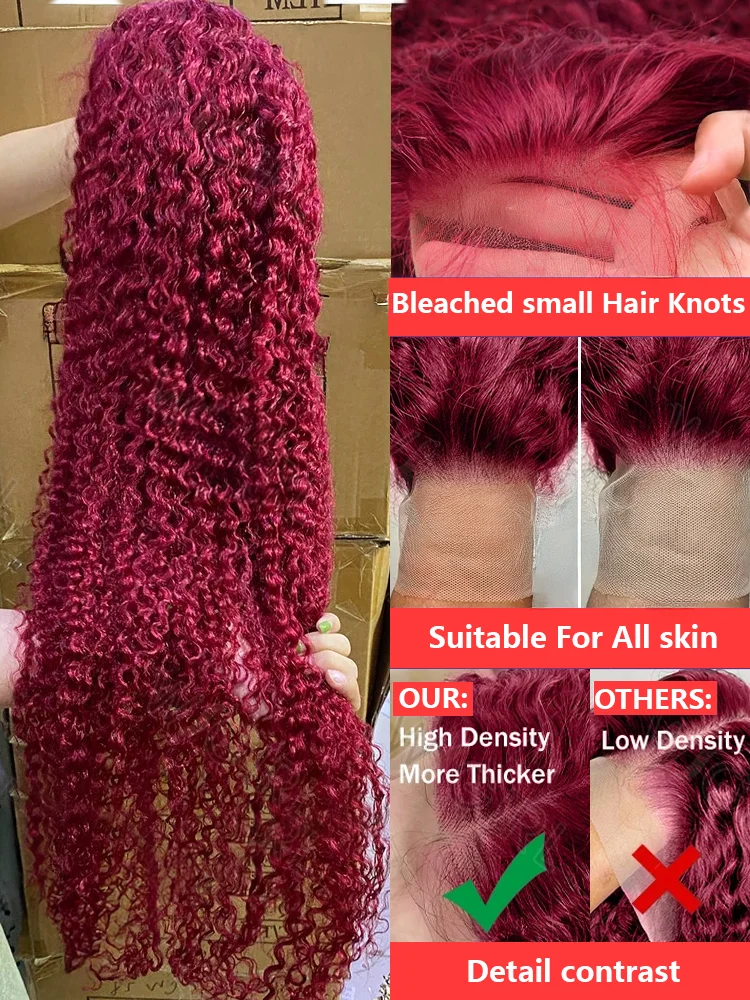 250 Density 13x4 Curly 99J Burgundy Lace Front Wig Red Wine Colored 30 40 Inch Deep Wave 13x6 HD Lace Frontal Human Hair Wigs 2