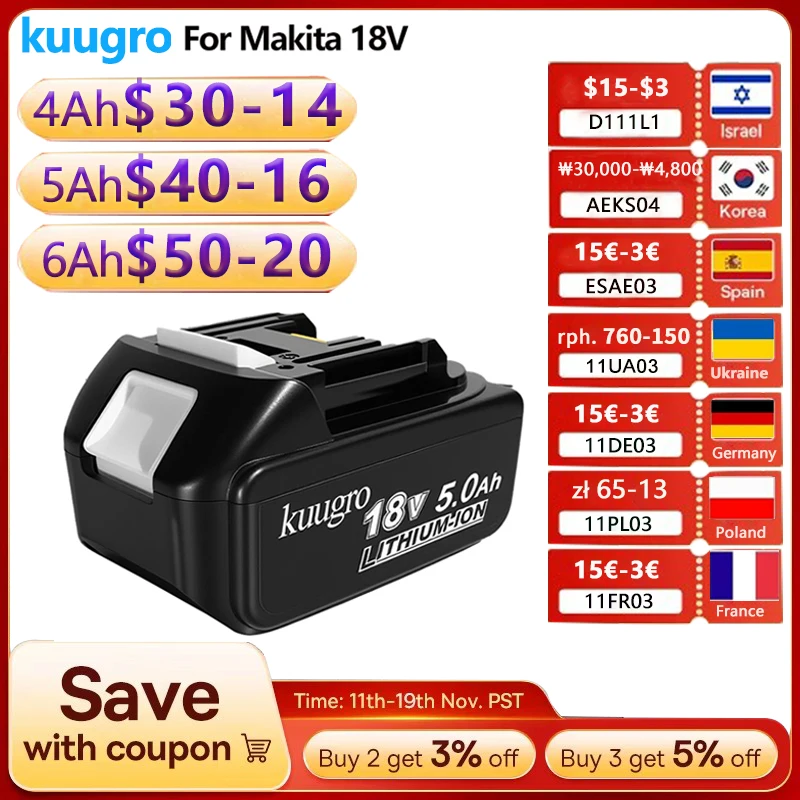 แบตเตอรี่ Kuugro 18V 6Ah 5Ah 4Ah สำหรับเครื่องมือไฟฟ้า Makita 18V แบตเตอรี่ลิเธียมไอออน ใช้แทนรุ่น LXT BL1860B BL1850B BL1840 สำหรับสว่านไฟฟ้า 18V 1