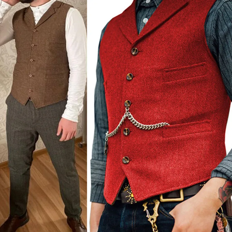 

Men's Vest Herringbone Multicolor Tweed Notch Lapel Wool Casual Groomsmen Waistcoat