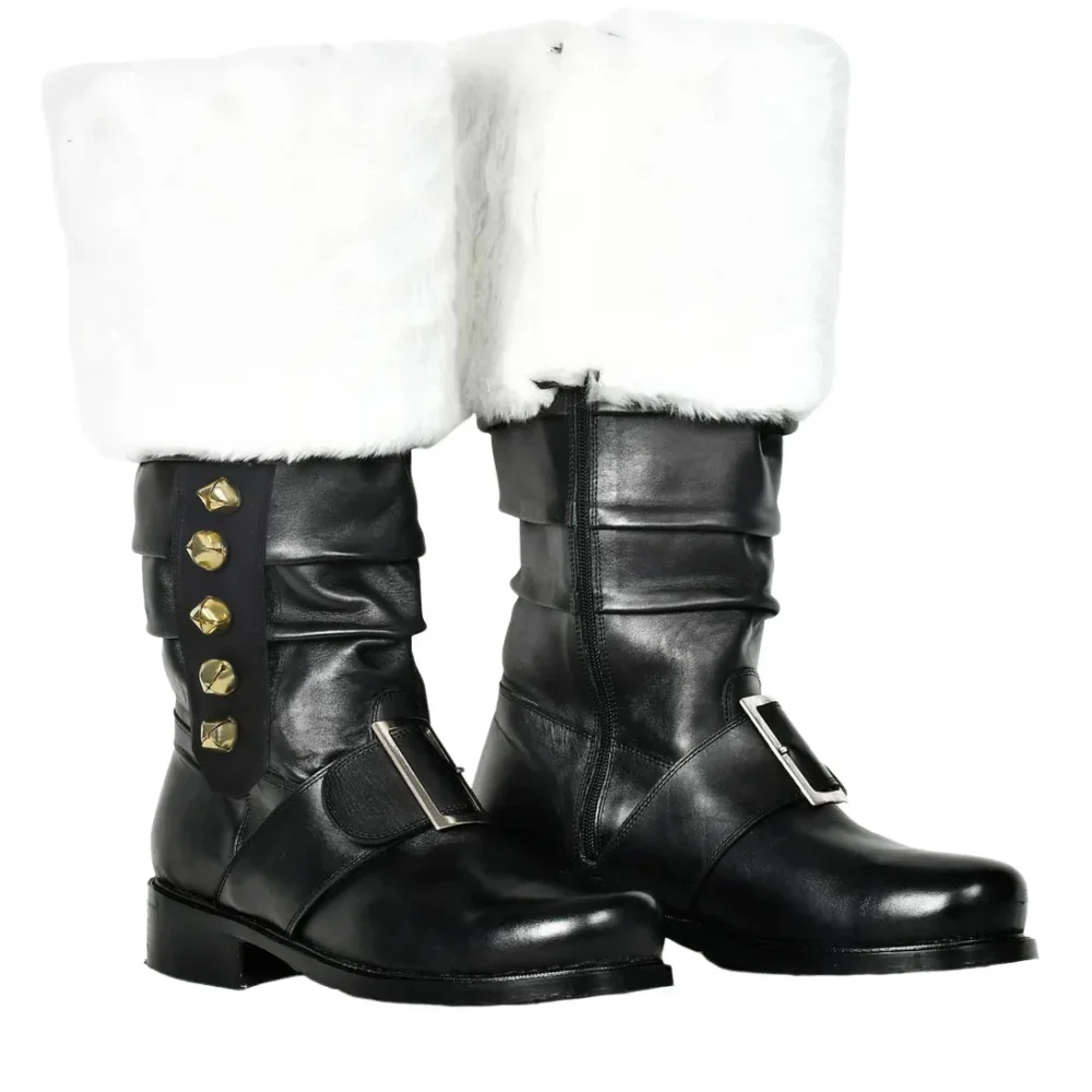 Men's Christmas Santa Claus Boots Wide Calf Santa Combat Boots with White Plush Cuffs Foot Bells for Costume Accessories