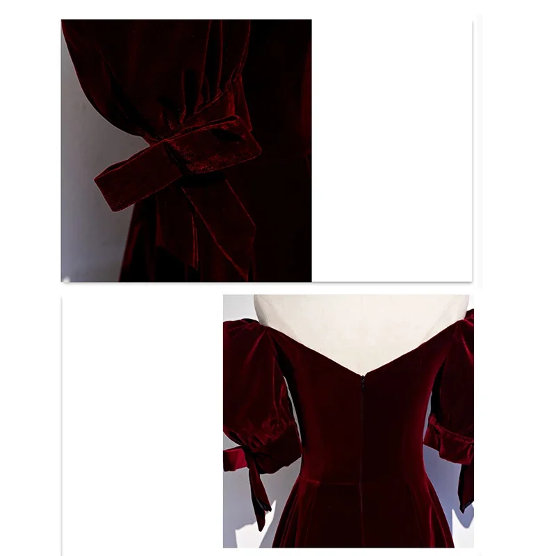 Velour Evening Dresses Wine Red Custom Plus size Lace up  A-line Floor-length Half Sleeves Boat Neck Evening Formal Dress R1250