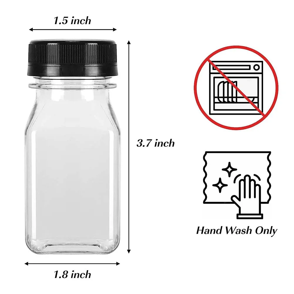 Description Picture 3 of item4oz Mini Plastic Juice Bottles with Caps, Empty Reusable Clear Bulk Beverage Containers for Juice, Milk and Other Beverages