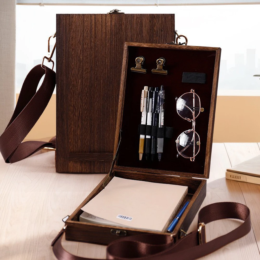 Wood Messenger Bag Retro Nostalgic Writers Wood Box Bags Women's Wood Messenger Bags Outdoor Sketch Tool Storage with Lid Souvenir Box